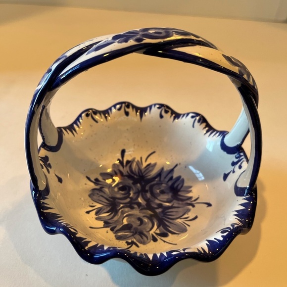 Vintage Portugal Blue and White Floral Ceramic Basket - Picture 8 of 10